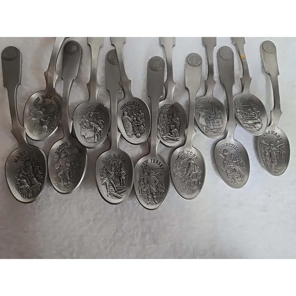 Vintage 1976 Franklin Mint 13 Colonies Pewter Souvenir Spoon Set Bicentennial